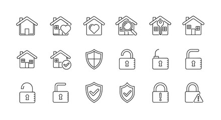 Set of thin line icons representing houses, locks, and shields, symbolizing security, safety, and home protection. This collection includes various icons such as a house with a heart, a house with a