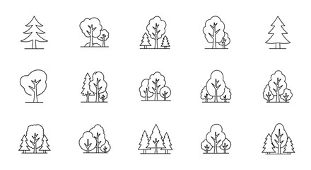 Minimalistic thin line icon set representing various trees in a forest, perfect for web and graphic design, apps, banners, social networks, and cards. This vector cartoon illustration collection