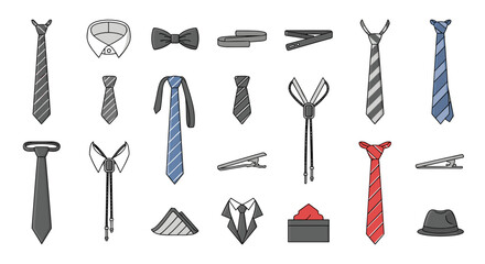 Collection of thin tie icons, including classic ties, bow ties, bolo ties, tie clips, a shirt collar, a pocket square, and a fedora hat, presented in a cartoonish vector illustration style with