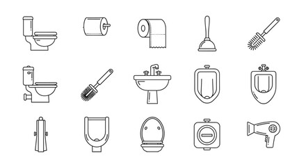 Collection of thin line icons representing bathroom fixtures and accessories, including toilets, bidets, urinals, sinks, toilet paper, plungers, toilet brushes, and hairdryers, perfect for web