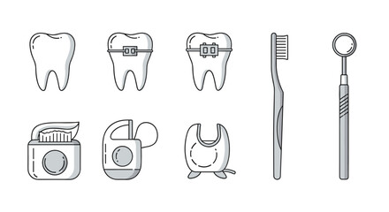 A clean and modern line icon set representing essential dental care and orthodontics, featuring a healthy tooth, teeth with braces, a toothbrush, dental floss, toothpaste, and a dental mirror