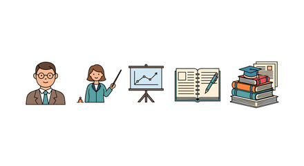 A vibrant and modern vector illustration set featuring university-related icons, including a professor, a teacher presenting, a whiteboard with a graph, an open notebook with a pen, and a stack of