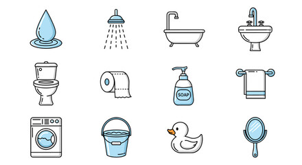 Set of 12 clean and modern flat icons representing bathroom and shower essentials, including a water drop, shower head, bathtub, sink, toilet, toilet paper, soap dispenser, towel rack, washing