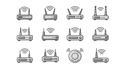 Collection of diverse Wi-Fi router icons, featuring various designs with antennas and signal waves, presented in a clean, modern, editable stroke style, perfect for UI elements, web design, apps