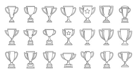 Collection of outline vector trophies and cups, symbolizing victory and achievement, perfect for infographics, articles, books, flyers, and banners, editable stroke for customization, cartoon