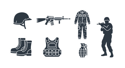 Set of solid, filled combat gear icons including a soldier in action, helmet, rifle, camouflage uniform, tactical vest, boots, and grenade, representing military equipment and warfare in a clean