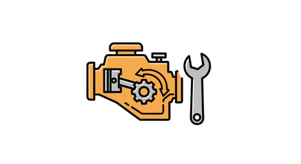Vibrant flat design icon set representing car diagnostics and repair, featuring an engine with a piston and gears, a wrench for mechanical work, a diagnostic scanner, a warning light symbol, and a