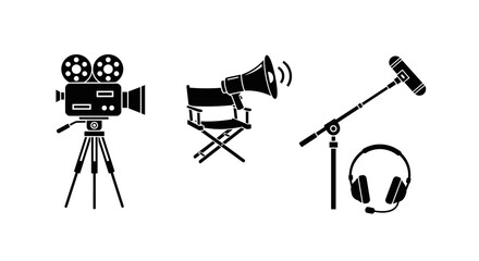 Iconic silhouettes representing film and production: a vintage film camera on a tripod, a director's chair with a megaphone, and professional audio equipment including a boom microphone and