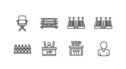 Audience and seating icon set, featuring a director's chair, bleacher bench, grandstand with multiple rows of seats, VIP box, and a simple spectator icon, presented as a clean, modern outline graphic
