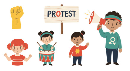 Vibrant flat vector illustrations depicting a children's protest, featuring a raised fist, a protest sign, a child with a drum, and a child speaking through a megaphone, symbolizing activism and