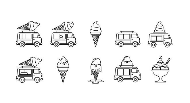 Minimalistic outline icons of ice cream vans and cones, perfect for web design, graphic design, apps, banners, social networks, and cards. This vector cartoon illustration features various ice cream
