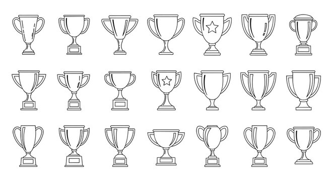 Collection of outline vector trophies and cups, symbolizing victory and achievement, perfect for infographics, articles, books, flyers, and banners, editable stroke for customization, cartoon