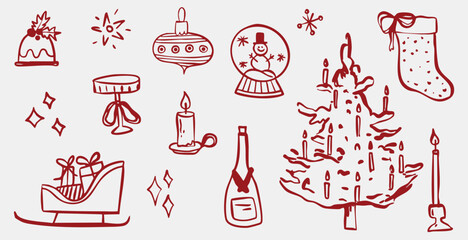 Winter whimsical christmas tree doodle sketch vector illustration. Holiday line art simple party decoration for new year. Minimalist snowflake outline set.