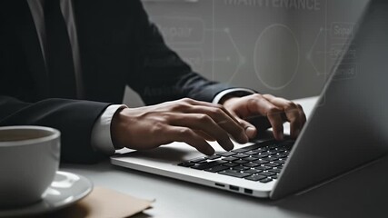 Man in Dark Suit Typing on Laptop with Maintenance Graphic Overlay on a White Desk with Coffee Cup in Soft Daylight - Powered by Adobe