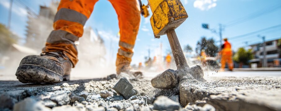 Construction worker using jackhammer on road, close-up view of equipment.