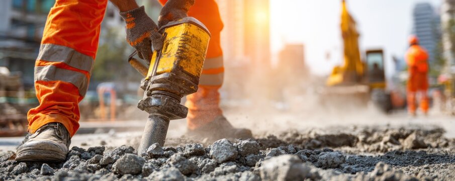 Construction Worker Using Jackhammer on Road Construction Site.