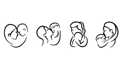 Mother and baby line art set minimal vector illustration symbol of love care and family connection
