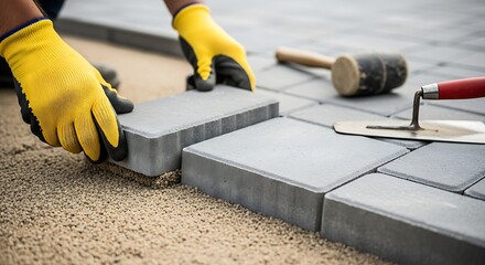 Hands in yellow gloves laying paving stones for a new patio or walkway