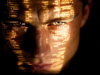 Golden lines of computer code reflected on a man’s face in darkness, symbolizing focus, cybersecurity, and the human mind behind digital intelligence