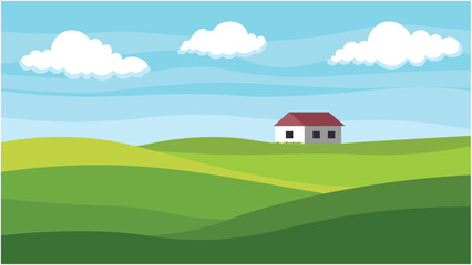 Countryside landscape with house on green hills flat vector illustration under blue sky and clouds © Vector Saman