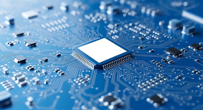 Close up of a bright white microchip on a blue circuit board