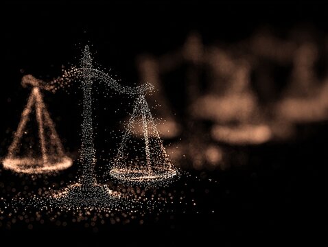 Abstract digital balance scales formed from glowing particles on a dark background, symbolizing justice, fairness, and ethical balance in the digital age