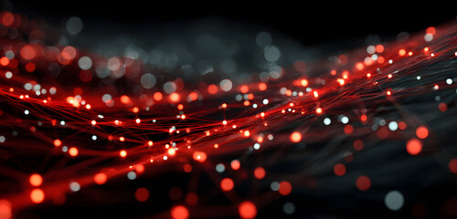 Abstract digital network shows warning sign with glowing red lines indicating system overload. Danger signals flash amid data streams. Tech failure, alert, risk alert.