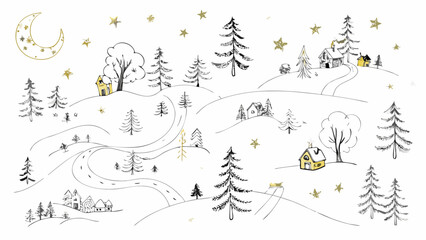Whimsical hand drawn winter village scene with a golden moon and stars