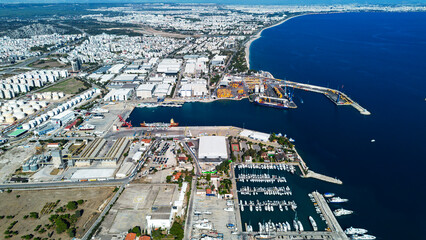 Antalya Port and Marina. The large port where commercial ships dock and the marina where yachts are moored in Antalya.