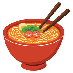 A tiny bowl of ramen with blushing narutomaki and happy chopsticks | kawaii cartoon style | warm pastel tones | soft hand-drawn textures | smiling steam clouds | cute and cozy mood