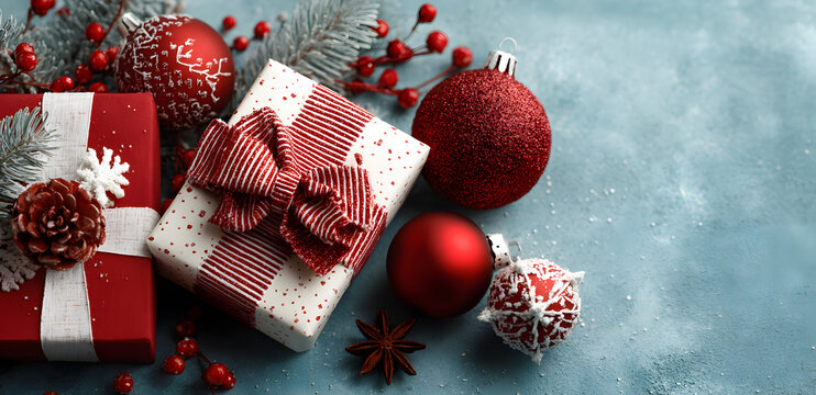 Merry Christmas and Happy Holidays greeting card, frame, banner. New Year. Noel. Red and white Christmas decorations and gifts on blue background top view. Winter xmas holiday celebration theme.