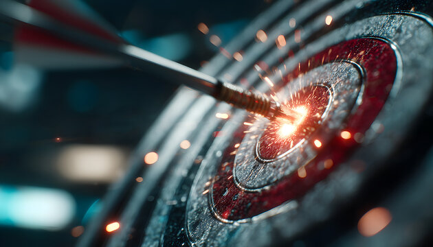 Arrow hits digital target bullseye. Futuristic tech design, represents success, achievement. Precision, accuracy, strategy, goal visualization, data, information, aim. Technology, business,