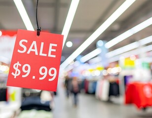 A red sale price tag showing $9.99 hanging in a brightly lit retail store aisle.