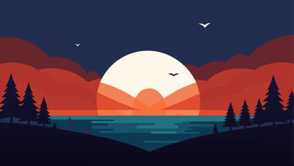 Sunset landscape with trees and flying birds