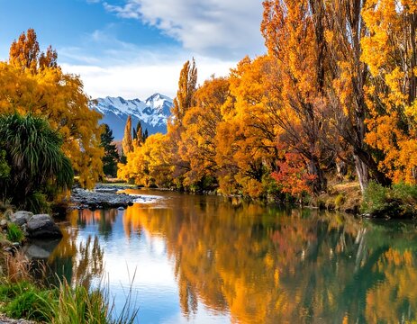 A serene river reflects golden autumnal trees under a clear sky, with snow-capped mountains in the distance, bathed in sunlight