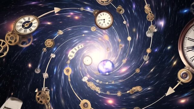 A mesmerizing cosmic spiral featuring clocks and gears, symbolizing time travel and the universe