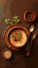 Chairo soup styled on an earthy brown background, dish from Bolivia, minimalist food photo, template for social media, digital ads, web banners, mobile wallpapers, greeting cards