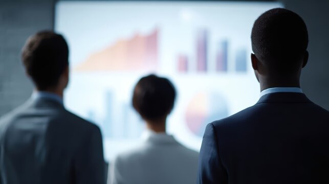 Professional team analyzing data charts on large screen, corporate teamwork,