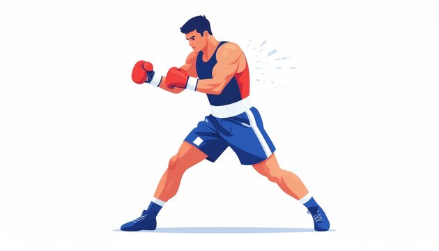 A male boxer in red gloves and blue shorts throws a punch during a boxing match.