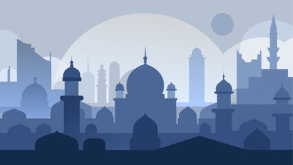 Silhouette of a mosque and city landscape