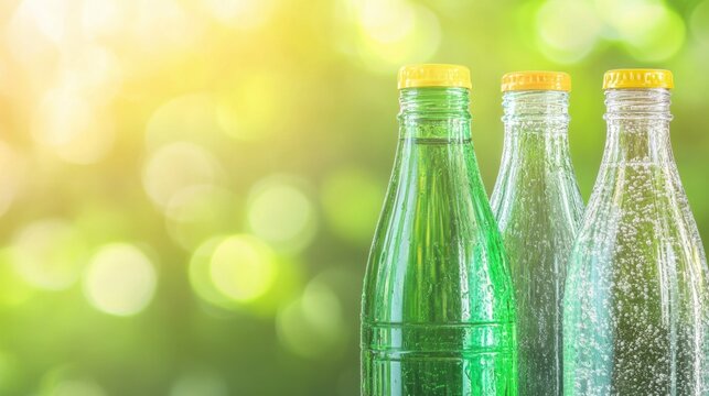 Green beverage bottles shining in sunlight with a blurred backdrop