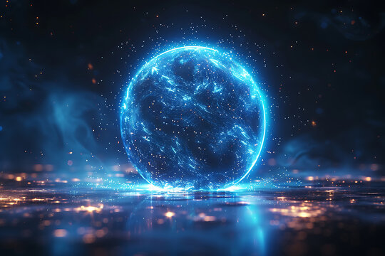 青く発光する球体と輝く粒子が舞うテクノロジー背景