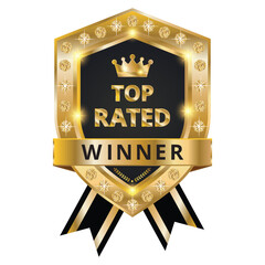 Golden top rated winner badge vector illustration. luxury award emblem featuring crown, ribbon, and shining stars for achievement or certification
