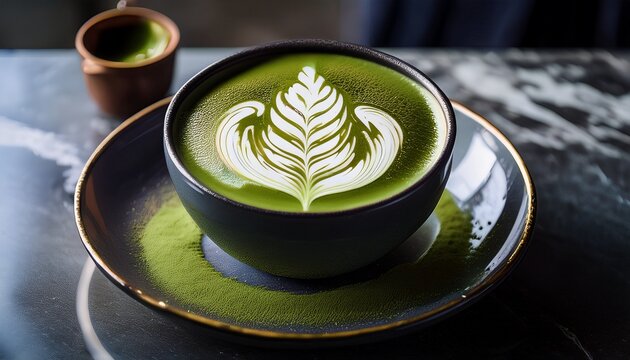 Matcha Green Tea Latte Art in Dark Ceramic Bowl