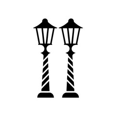 Illustration of two ornate street lamps in black on transparent background
