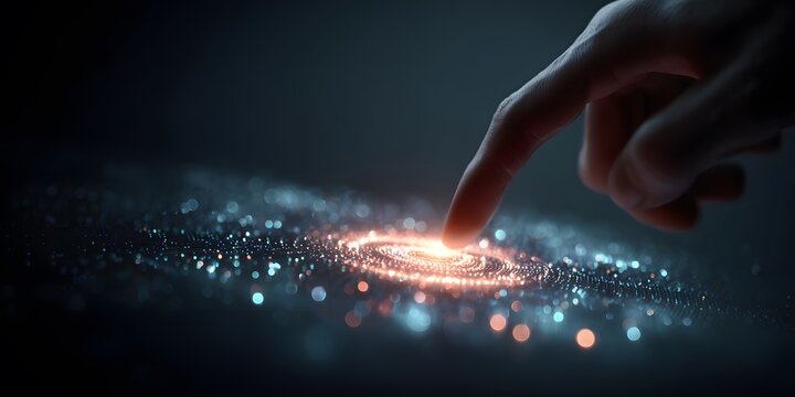 Human finger poised to touch a glowing, swirling vortex composed of countless luminous particles against a dark, blurred background.