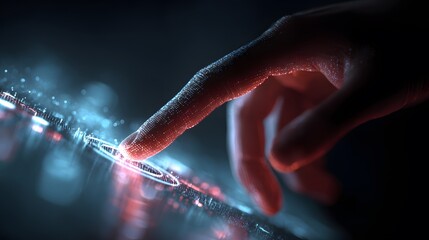 image captures a hand touching a futuristic user interface with glowing digital circles and lines; vibrant red and blue hues illuminate the scene.