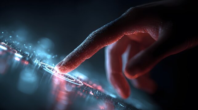 image captures a hand touching a futuristic user interface with glowing digital circles and lines; vibrant red and blue hues illuminate the scene.