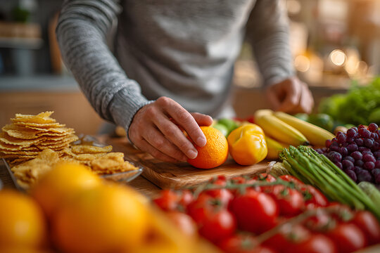 A person who avoids eating high-calorie junk food in high calories to control cholesterol and sugar during a diet session for weight loss and good health
