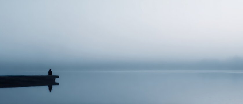 Man sitting alone on pier overlooking calm lake, reflection and fog, peaceful serenity, - Powered by Adobe